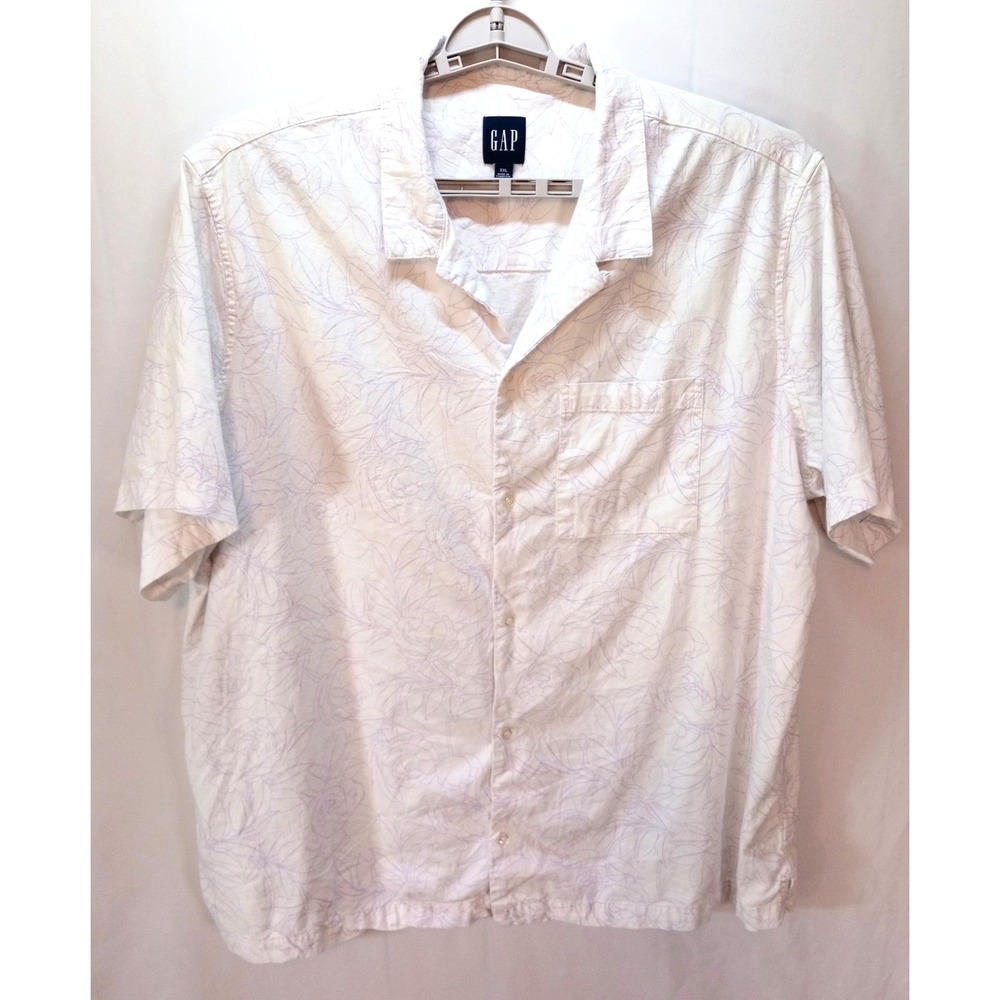 Gap Men's Linen Blend Button Up Camp Shirt, XXL, White Purple Floral